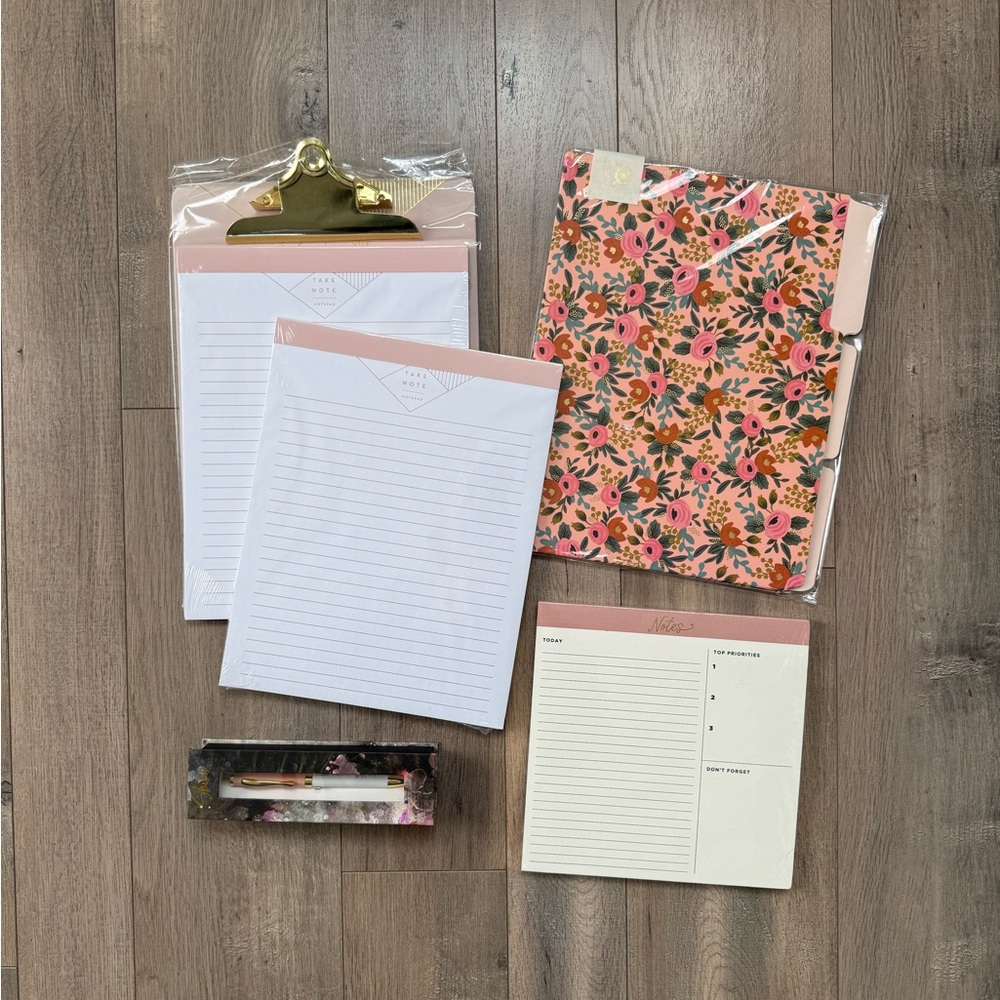 Floral Pink Home Office Stationery Set - Clipboard, Notepads & Organizer